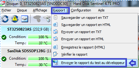 envoyer rapport sospc.name hard disk sentinel pro