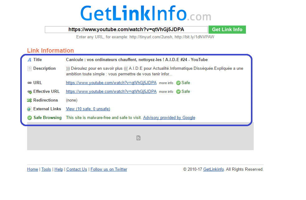 GetLinkInfo test adresse youtube