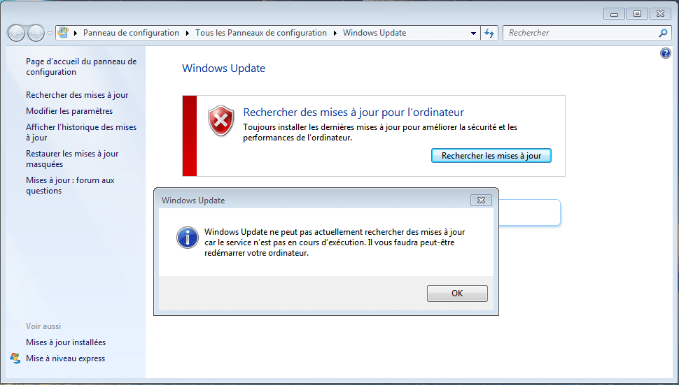 Windows Update ne peut pas actuellement rechercher des mises à jour car le service n’est pas en cours d’exécution
