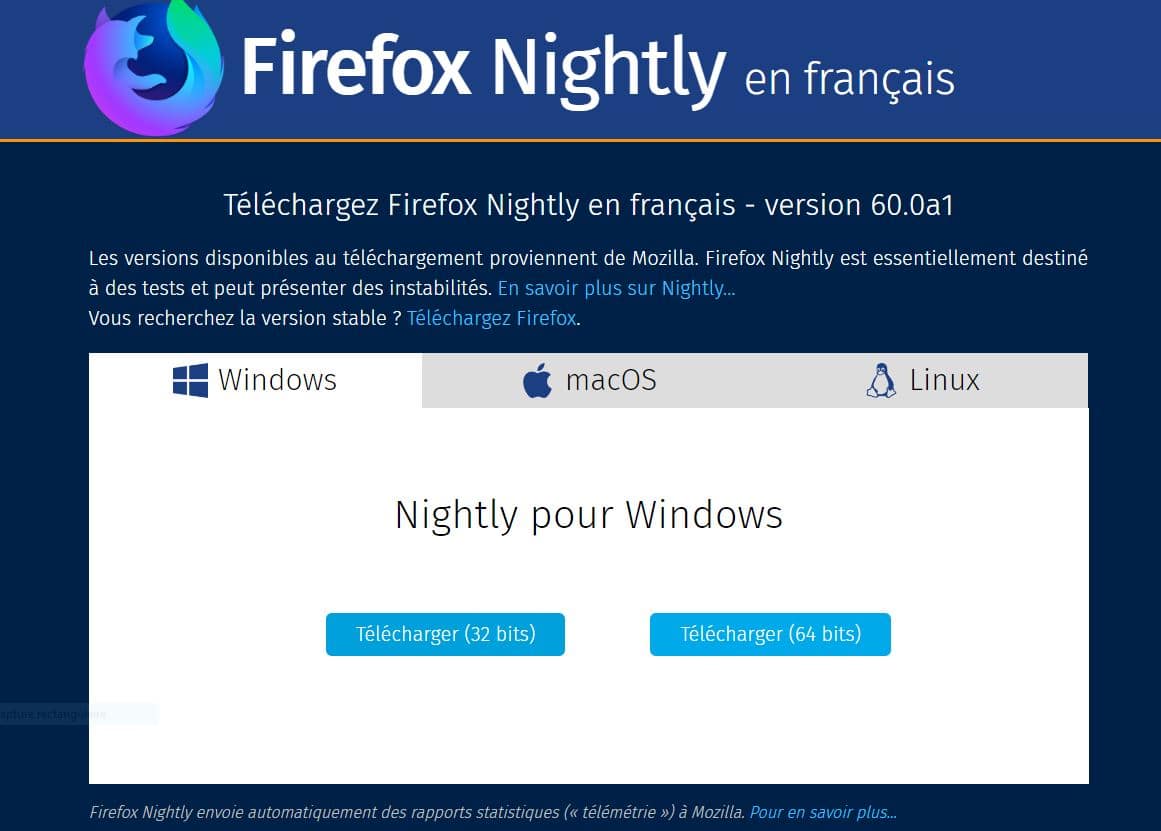Firefox 60 Nightly, téléchargement.