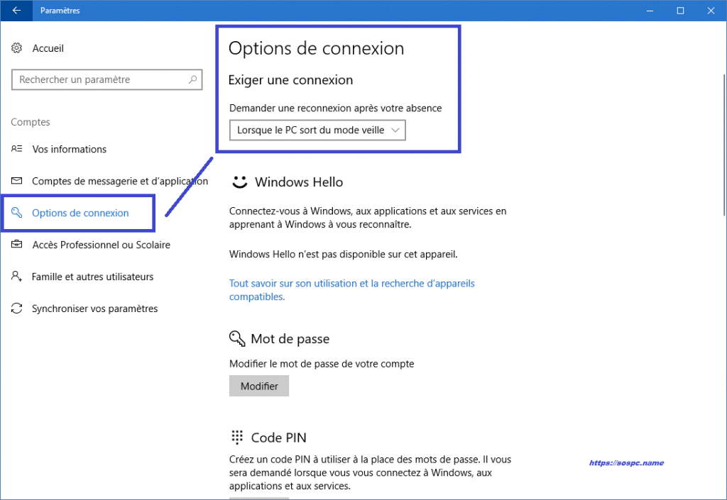 Windows 10 : supprimer la demande de mot de passe à la sortie de veille. Sospc.name.