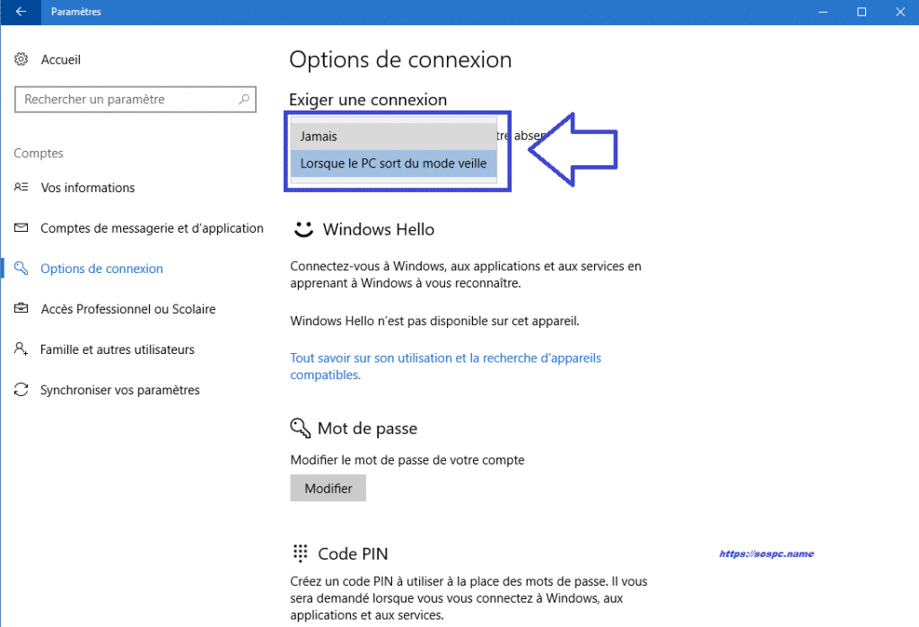 Windows 10 : supprimer la demande de mot de passe à la sortie de veille. Sospc.name. Tutoriel.