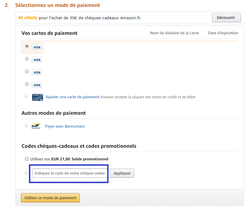 Où ajouter code réduction sur Amazon.